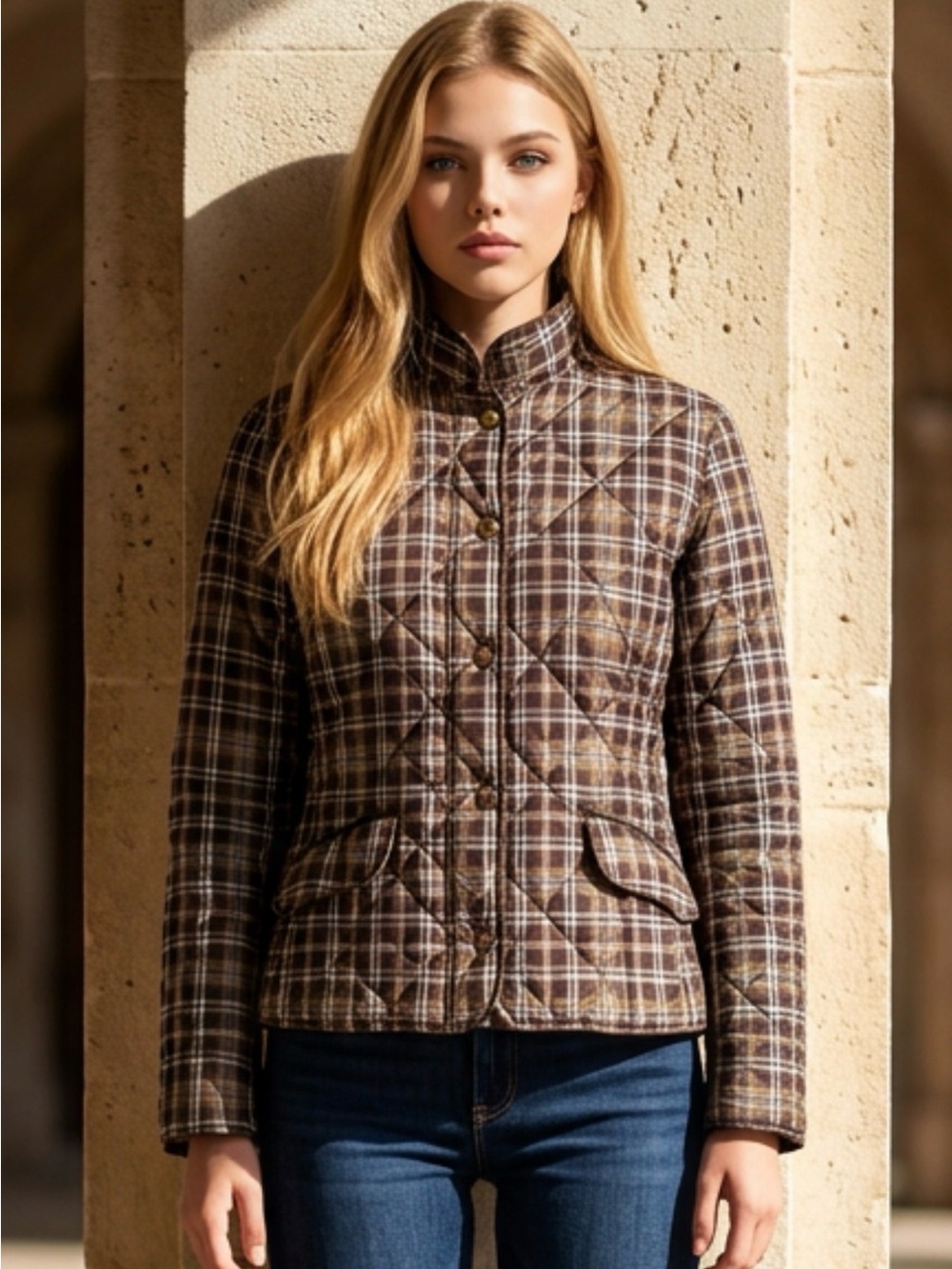 Women's Plaid Quilted Jacket - Brown Plaid